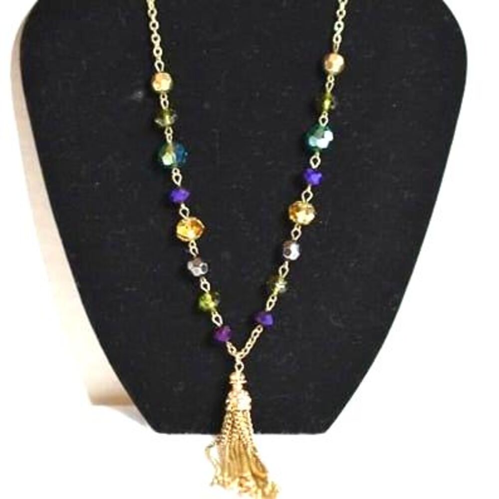 Twinkling Chic Multi Color/Shape Beaded Gold Tone Link Chain Tassel 20" Necklace